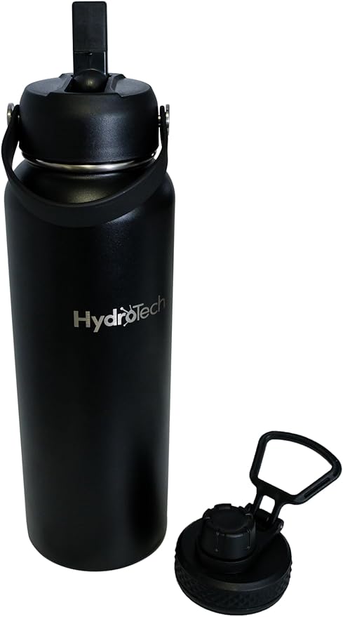 HydroTech Stainless Steel Leak Proof Water Bottle with Double Wall Insulation and 2 Lids (Straw Lid) - 40 OZ. (Black)