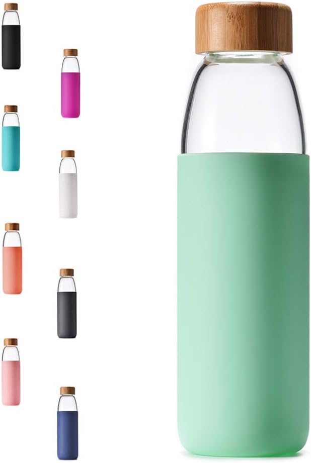 veegoal Glass Water Bottles 18 Oz Borosilicate with Bamboo Lid, BPA-FREE, Non-Slip Silicone Sleeve, and Stainless Steel Leak Proof Lid - Glass Water Bottle for Men and Women