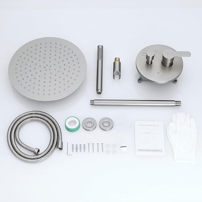 Brushed Nickel Ceiling Mount Round Rain Shower System with 16 Inch Shower Head and Handheld Bathroom Shower Set Contain Shower Faucet Trim Kit (Mixer Valve Included)