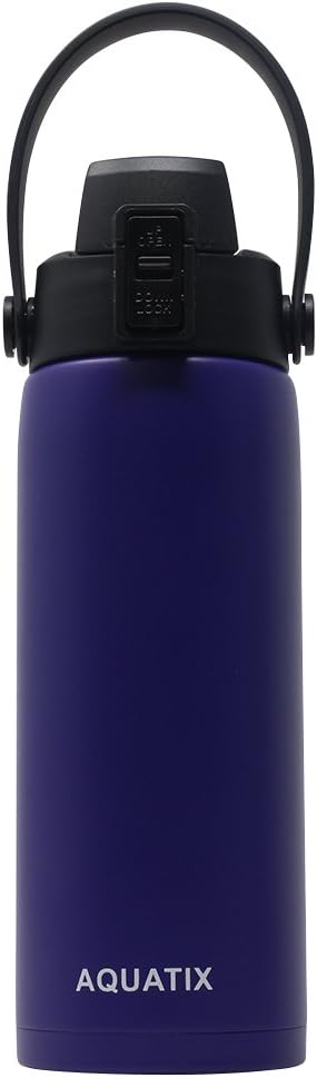 New Aquatix (Purple, 21 Ounce) Pure Stainless Steel Double Wall Vacuum Insulated Sports Water Bottle Convenient Flip Top Cap with Removable Strap Handle - Keeps Drinks Cold 24 hr/Hot 6 hr