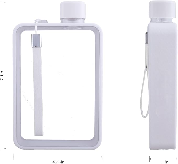 Flat Water Bottle, Portable A5 Water Bottle, 13oz Flat Travel Flask for Camping Fitness Gym (White)