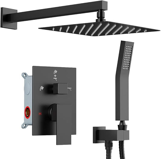 Shower Faucet Set Matte Black Shower System, Starbath 12" Rain Shower Head and Handheld Spray Shower Set Complete Wall Mounted,2 Way Pressure Balance Shower Valve and Trim Kit Included