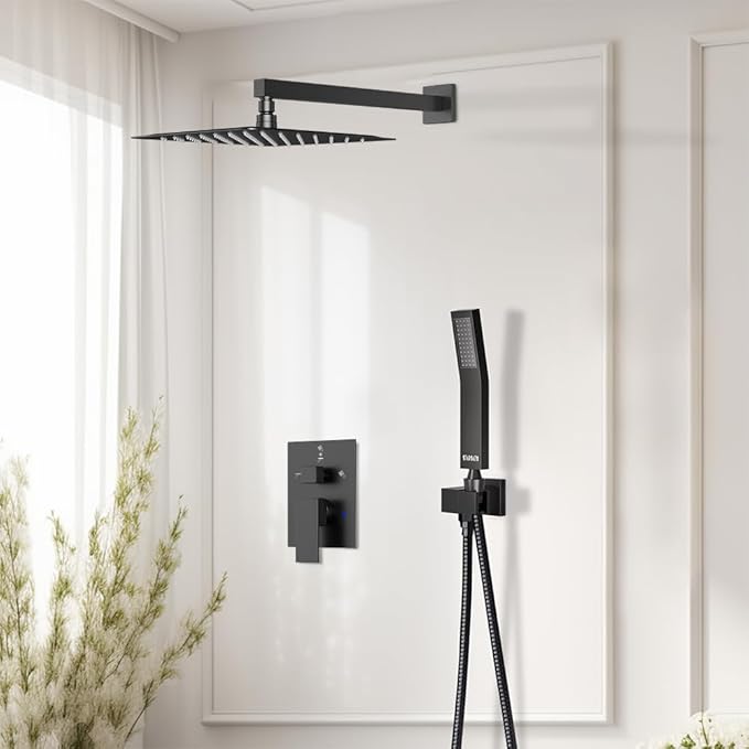 Shower Faucet Set Matte Black Shower System, Starbath 12" Rain Shower Head and Handheld Spray Shower Set Complete Wall Mounted,2 Way Pressure Balance Shower Valve and Trim Kit Included