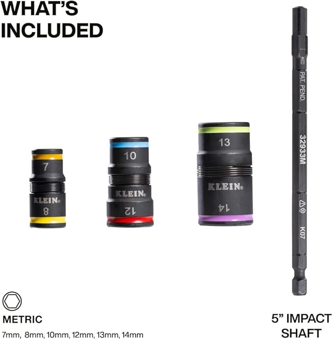 Klein Tools 32933M 6-in-1 Metric Impact Socket Set, 3 Flip Sockets with 7, 8, 10, 12, 13 and 14 mm Nut Driver Sizes, Impact Rated 5-Inch Shaft