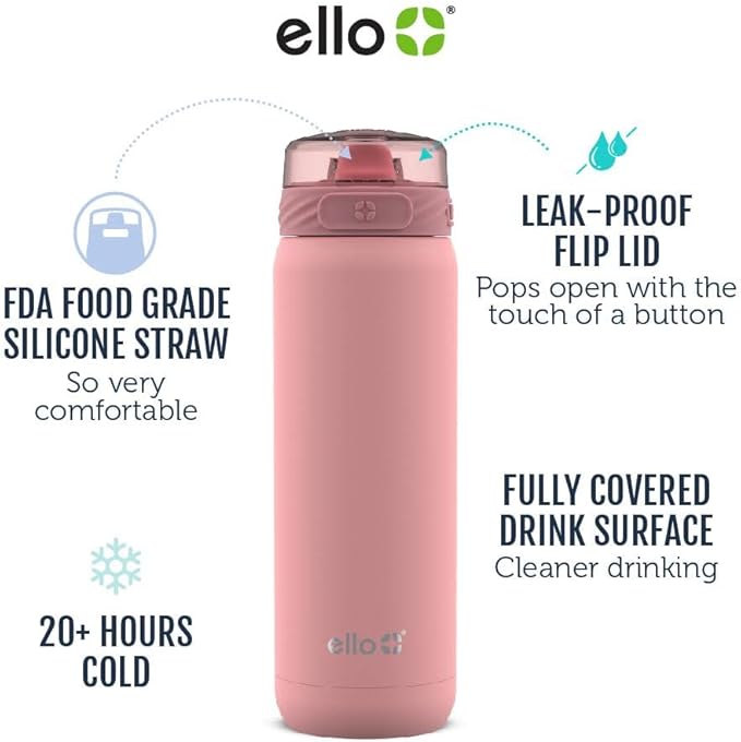 Ello Cooper 22oz Stainless Steel Water Bottle with Straw and Carry Handle, Double Walled and Vacuum Insulated Metal, Leak Proof Locking Lid with Soft Silicone Spout, Reusable, BPA Free, Coral