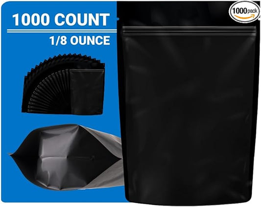Mylar Bags Smell Proof -1000 Count (Black, 1/8 Ounce 5.25"x3.75") - 6mil Thickness Packaging Bags - Mylar Bags For Food Storage - Resealable Bags