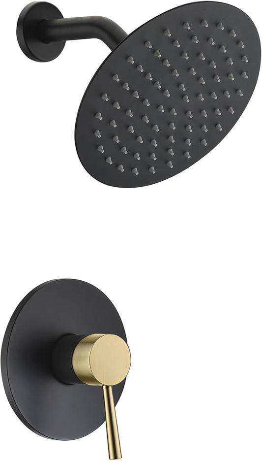 SUMERAIN Single-Function Shower Faucet Set Black and Gold, Stainless Steel 8 Inch Rain Shower Head Single Handle With Rough-in Valve Shower Trim Kit