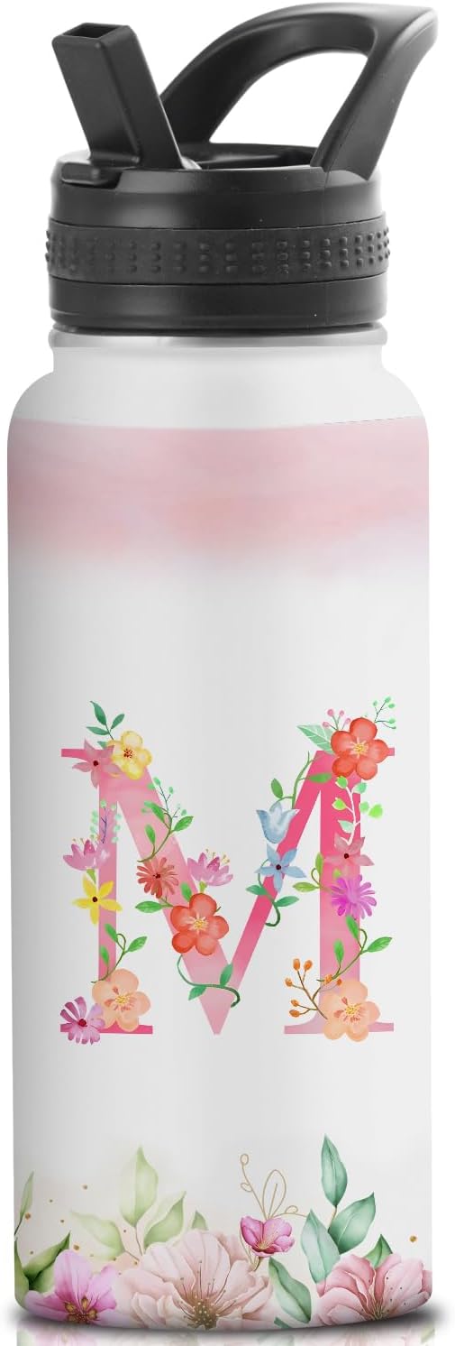 Personalized 32oz Water Bottle with Straw Customized Initial Letter Sport Bottles Monogrammed Initial Insulated Bottle Coffee Mug for Travel (M)