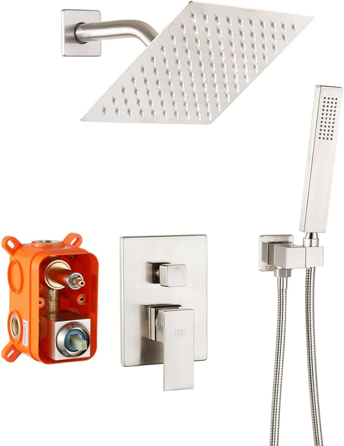 POP SANITARYWARE Shower System Brushed Nickel Bathroom Rainfall Shower Faucet Set Complete Wall Mounted 8 Inch Shower Head and Handle Set with Rough-in Valve Body and Trim Kit
