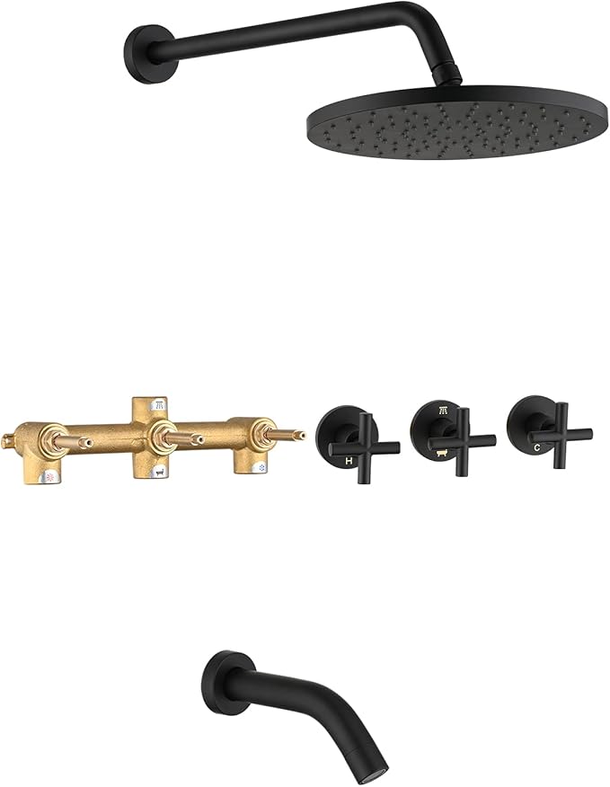 PROOX 3 Handle Tub Shower Faucet Set, 10" Rainfall Shower Head with Tub and Shower Trim Kit with Rough-in Valve, Matte Black Bathtub Shower Faucets, Wall Mounted Bathroom Rain Shower System