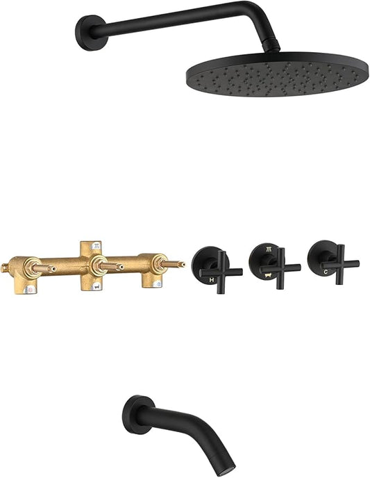 PROOX 3 Handle Tub Shower Faucet Set, 10" Rainfall Shower Head with Tub and Shower Trim Kit with Rough-in Valve, Matte Black Bathtub Shower Faucets, Wall Mounted Bathroom Rain Shower System