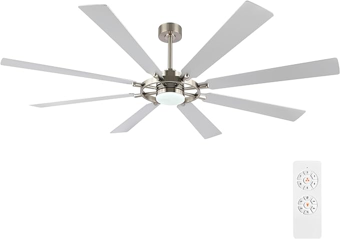 80" Ceiling Fan with Lights and Remote Control, Wood 8 Blades 6-Speed Noiseless Reversible DC Motor, 3 Downrods, Modern Large Ceiling Fan for Bedroom Dining Living Room, Nickel Finish+Silver