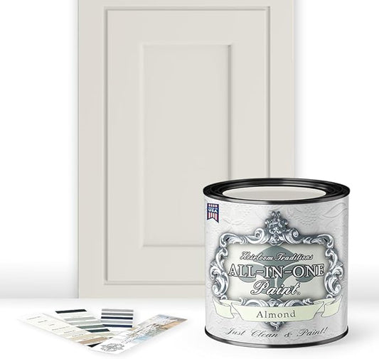 ALL-IN-ONE Paint, Durable cabinet and furniture paint. Built in primer and top coat, no sanding needed. Includes our 30 featured color card - Almond (off white with tan undertone), Quart
