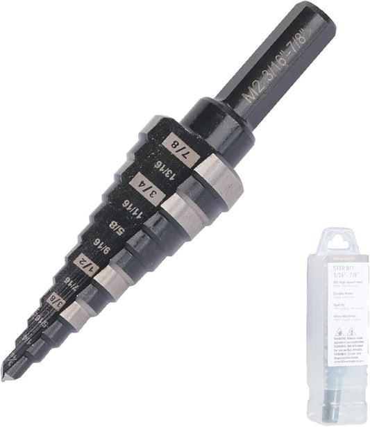 3/16 to 7/8 Inch Step Drill Bit Straight Grooved Double Fluted, M2 High Speed Steel Drill bits for Hole Drilling in Stainless Steel, Copper, Aluminum, Wood, Plastic