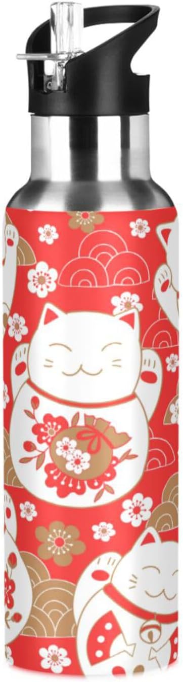 ALAZA Lucky Cat Maneki Neko Red Water Bottle With Straw Lids Boys Girls,Vacuum Insulated Leakproof Stainless-Steel Sports Bottle Thermal Flask For Gym Yoga Camping,34Oz (1000Ml)