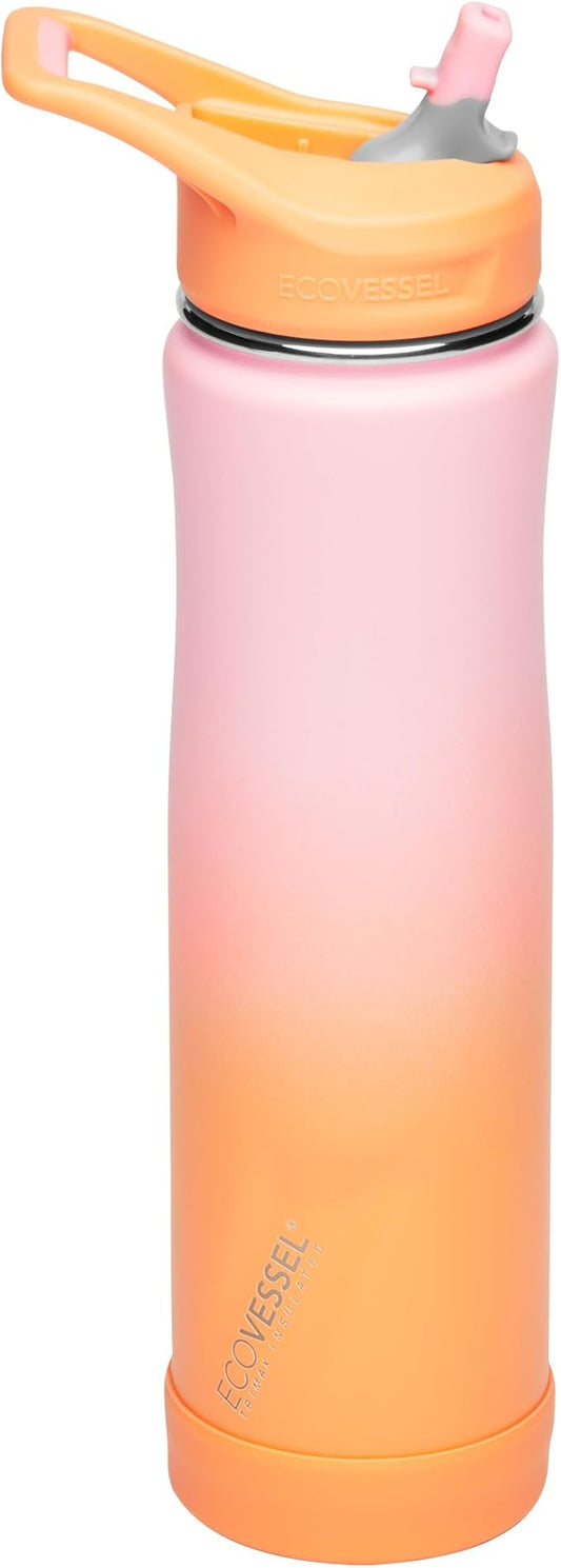 EcoVessel SUMMIT, Insulated Stainless Steel Water Bottle with Straw and Handle Flip Top Lid with Silicone Bottle Bumper Metal Water Bottle – 24 oz (Coral Sand)