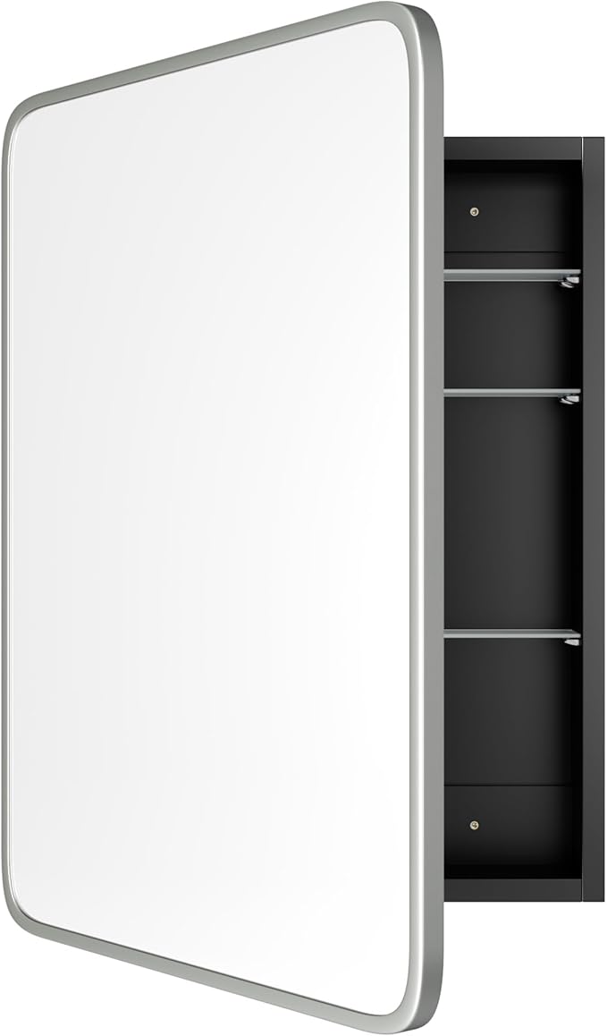 Bathroom Wood Black Cabinet with 20''x30'' Brushed Nickel Metal Frame Curved Mirror, Recessed Medicine Cabinet, Bathroom Storage Cabinet