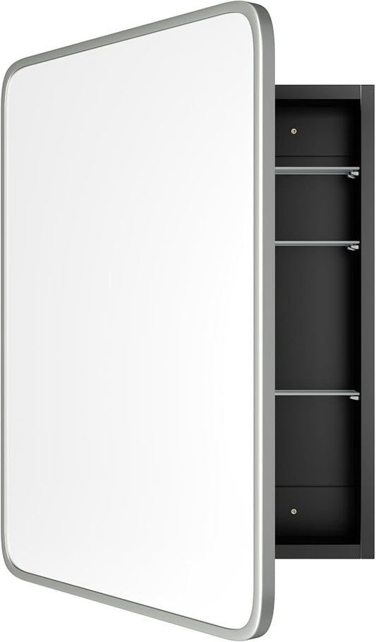 Bathroom Wood Black Cabinet with 20''x30'' Brushed Nickel Metal Frame Curved Mirror, Recessed Medicine Cabinet, Bathroom Storage Cabinet