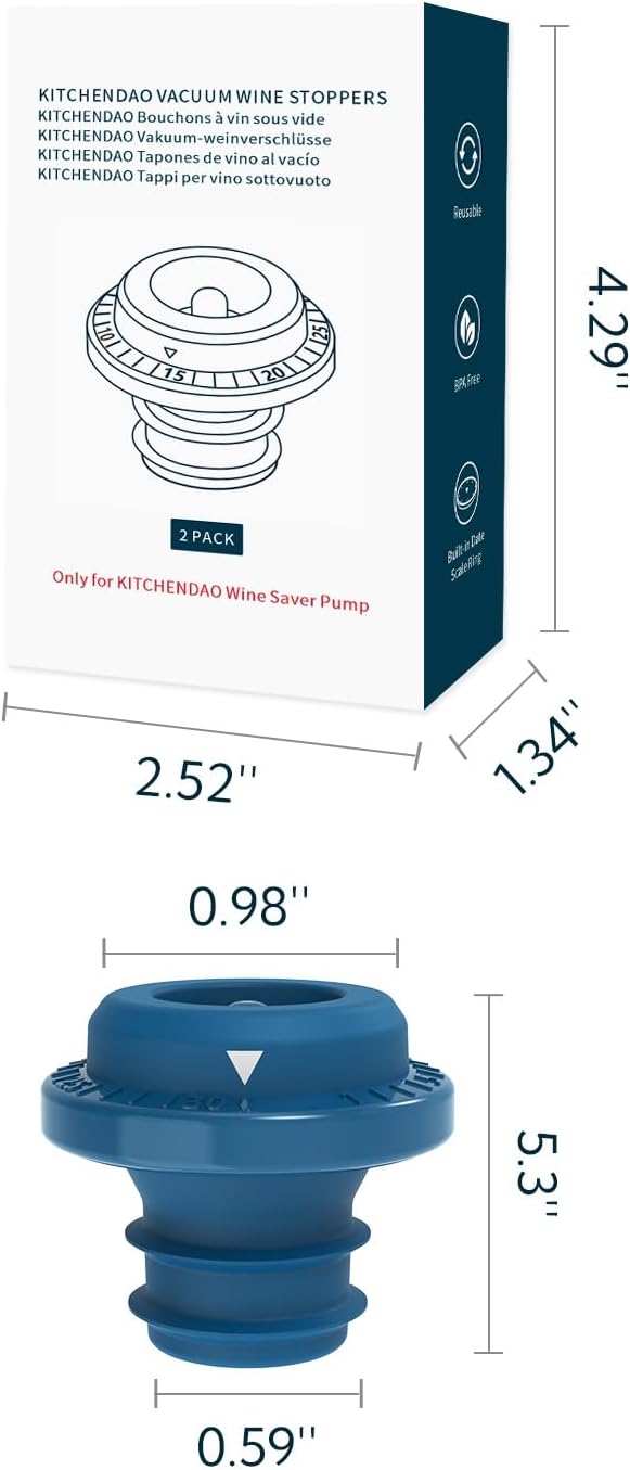 KITCHENDAO Wine Saver Vacuum Stoppers for Wine Bottles,Keep Wine Fresh for Up to a Week with Airtight Seal,Suitable for KITCHENDAO Wine Saver Pump,Set of 2 (Blue)