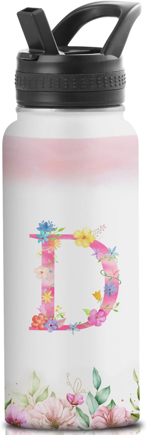 Personalized 32oz Water Bottle with Straw Customized Initial Letter Sport Bottles Monogrammed Initial Insulated Bottle Coffee Mug for Travel (D)