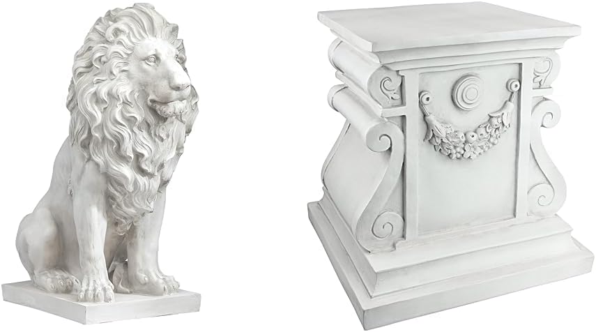 Design Toscano Lion of Florence Sentinel Statue (13 Inches Wide, 21 Inches Deep, 28 Inches High) and Classic Statuary Garden Plinth Base Riser, Large (15 Inches Wide,14 Inches Deep,15 Inches High)