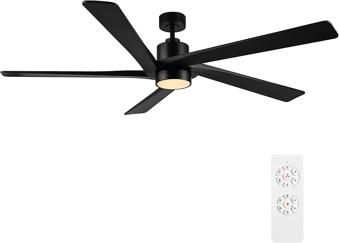 WINGBO 64" DC Ceiling Fan with Lights, 5 Carved Solid Wood Blades, 6-Speed Reversible DC Motor, Matte Black Finish Ceiling Fan with Remote, Black