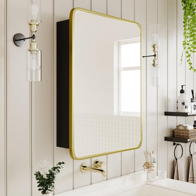 Vintage-Style Bathroom Wood Black Cabinet with 16.5''x24'' Brushed Gold Metal Frame Curved Mirror, Recessed Medicine Cabinet, Bathroom Storage Cabinet