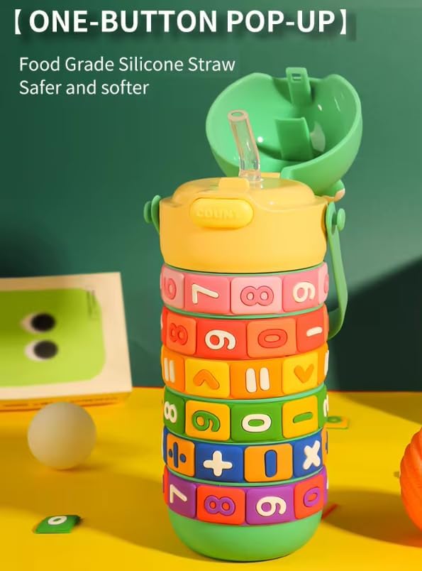 Numbers and Maths Symbols Design Kids' Water Bottle with Straw for School or Travel; 15oz (430ml) Stainless Steel water Bottle; Portable Handle with Detachable Buckle (Orange), CZMX-30031