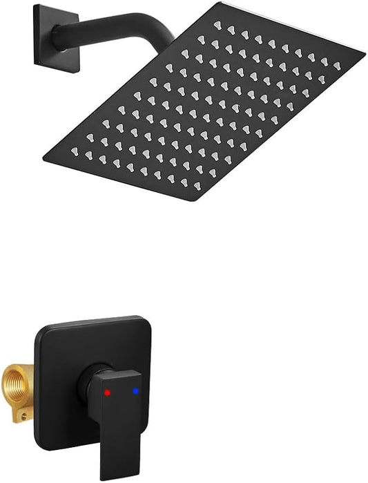 Shower Faucet Set Matte Black, Bathroom Rainfall Shower System with Stainless Steel Shower Head Rain Shower Set, Single Function Shower Trim Kit with Rough-in Valve