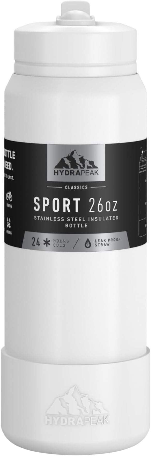Hydrapeak 26oz Sport Insulated Water Bottle with Straw or Chug Lid, Leak & Spill Proof, Keeps Drinks Cold for 24 Hours, Hot for 12 Hours, Premium Stainless Steel Water Bottles (26oz, White)