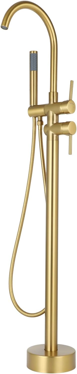 Floor Mount Bathtub Faucet，Freestanding Tub Faucet ，High Flow Dual Function 360 Degree Rotating Tube and Handheld Water Outlet (Brushed Gold)
