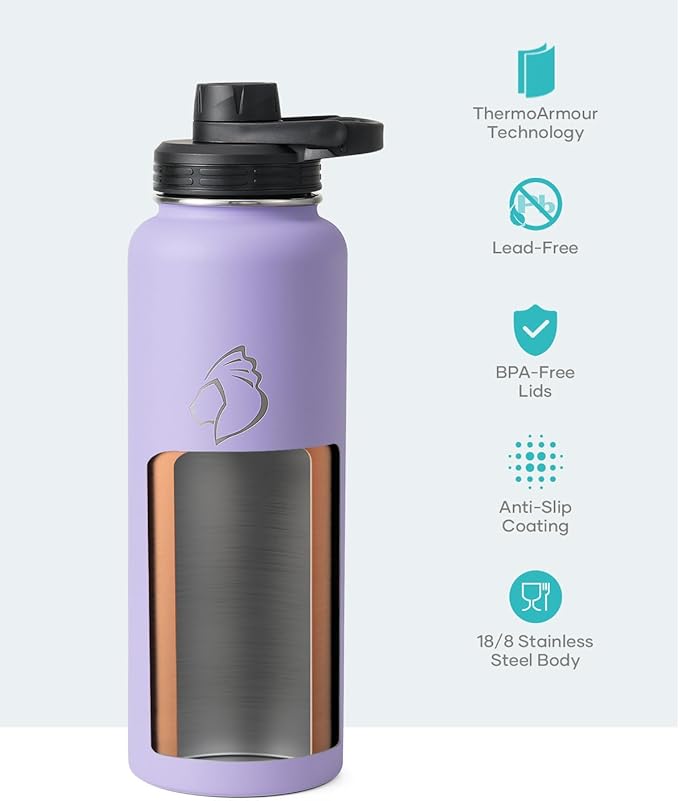 BUZIO Water Bottle with Straw lid, Spout Lid, Hand Lid and Carrying Pouch, 32oz 40oz 64oz Stainless Steel Water Flask Jug, Cold for 48 Hrs Hot for 24 Hrs Double Vacuum Thermo Canteen Mug, BPA-Free