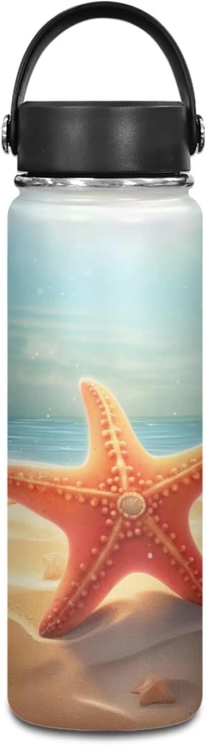 ZOUTAIRONG Starfish Girls Water Bottle 18 oz Insulated Water Bottle Blue Ocean Theme Stainless Steel Metal Flask Wide Mouth Bottle for Sports, Office, Travel Cup Keep Water Cold or Warm