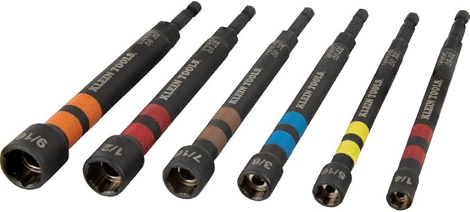 Klein Tools 80182 Ratcheting Impact-Rated Hollow Power Nut Driver Set with Handle, Magnetic, 6 SAE Hex Sizes plus Zipper Canvas Tool Bag, 12.5 x 7 x 0.7-Inch 8-Piece