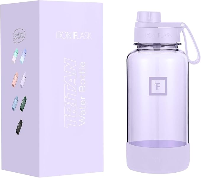 IRON °FLASK Clear Tritan Trekker Water Bottle with Chug Lid & Rubber Boot - Leak Proof & Lightweight for Gym, Hiking, Sports - Dishwasher Safe, BPA Free Plastic - Light Lavender, 32 Oz