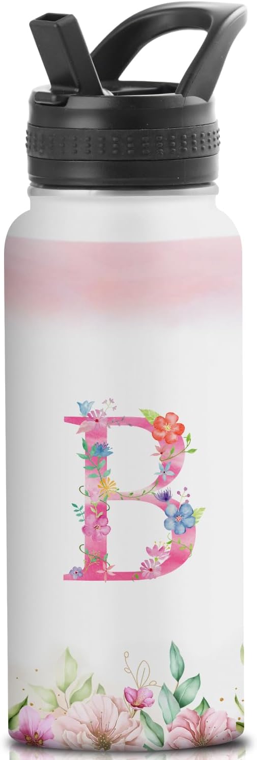 Personalized 32oz Water Bottle with Straw Customized Initial Letter Sport Bottles Monogrammed Initial Insulated Bottle Coffee Mug for Travel (B)