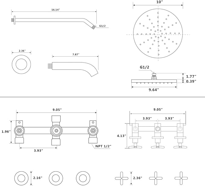 PROOX 3 Handle Tub Shower Faucet Set, 10" Rainfall Shower Head with Tub and Shower Trim Kit with Rough-in Valve, Polished Chrome Bathtub Shower Faucets, Wall Mounted Bathroom Rain Shower System