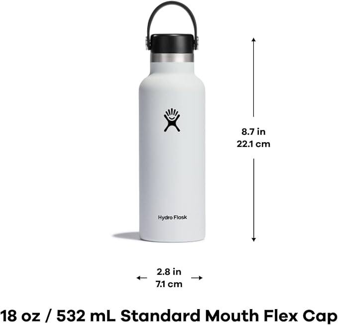 Hydro Flask Stainless Steel Standard Mouth Water Bottle with Flex Cap and Double-Wall Vacuum Insulation