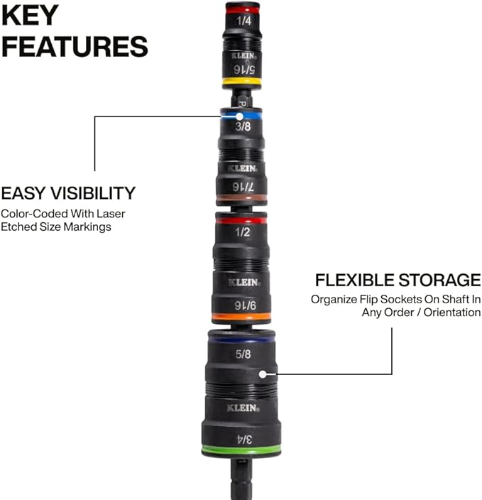 Klein Tools 32933M 6-in-1 Metric Impact Socket Set, 3 Flip Sockets with 7, 8, 10, 12, 13 and 14 mm Nut Driver Sizes, Impact Rated 5-Inch Shaft
