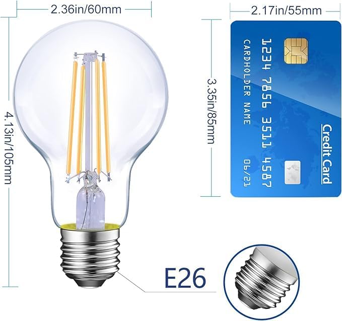 Energetic Dimmable LED Filament Light Bulbs Clear, 8W, 60 Watt Equivalent, Warm White 3000K, Classic Clear Glass, A19 LED Edison Bulb, 12 Pack