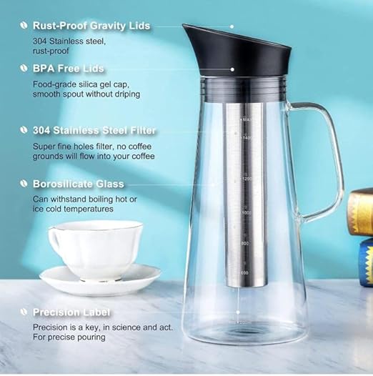 Alkaline Water Filter Pitcher with Infuser, Glass Pitcher with Lid 1.5L | 9.5 pH Alkaline Filters | Tea Pitcher | Borosilicate Glass | Infuser Pitcher (100g Filter)