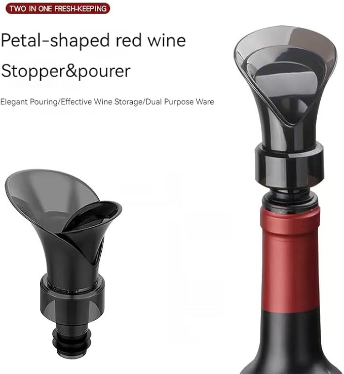 GeRRiT Black Wine Stopper Creative Petal Type Red Wine Vacuum Preservation Stopper Wine Pourer 2-in-1 Decanter Quick Wine Primer, Ideal Gift Accessories, short