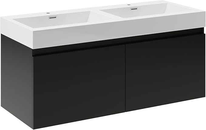 Fresca Mezzo 48 Inch Black Wall Mount Modern Double Bathroom Vanity - Includes Double Integrated Sinks with 4 Soft-Closing Hidden Drawers - Faucets Not Included - FCB8012BW-I