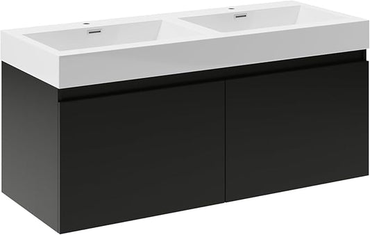Fresca Mezzo 48 Inch Black Wall Mount Modern Double Bathroom Vanity - Includes Double Integrated Sinks with 4 Soft-Closing Hidden Drawers - Faucets Not Included - FCB8012BW-I