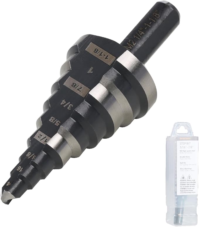 1/4 to 1-1/8 Step Drill Bit Straight Grooved Double Fluted, M2 High Speed Steel Drill bits for Hole Drilling in Stainless Steel, Copper, Aluminum, Wood, Plastic