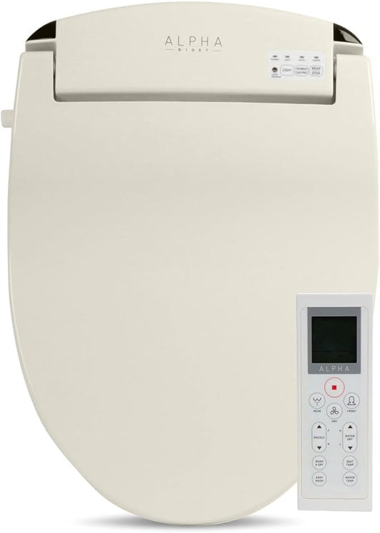 ALPHA BIDET JX2 Elongated Bidet Toilet Seat, Beige, Endless Warm Water, NEW* Bowl Mist, LED Light, Quiet Operation, Wireless Remote, Stainless Steel Nozzle, Sittable Lid, 3 Year Warranty