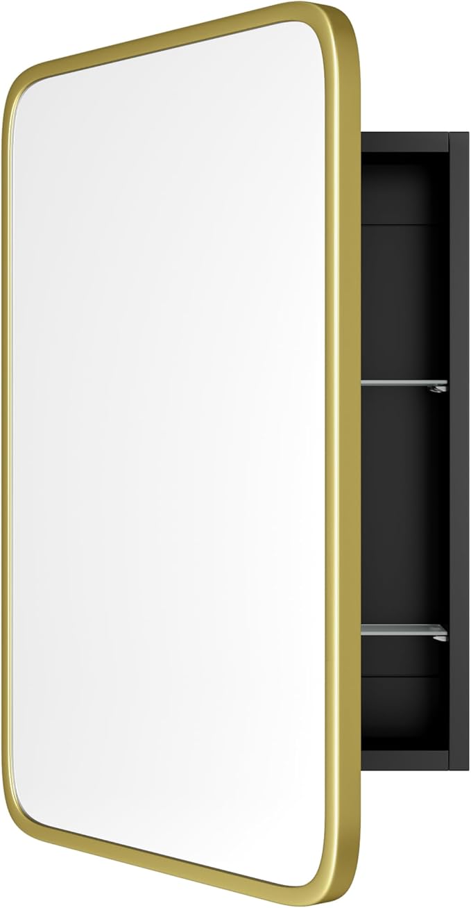 Vintage-Style Bathroom Wood Black Cabinet with 16.5''x24'' Brushed Gold Metal Frame Curved Mirror, Recessed Medicine Cabinet, Bathroom Storage Cabinet