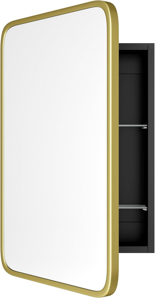 Vintage-Style Bathroom Wood Black Cabinet with 16.5''x24'' Brushed Gold Metal Frame Curved Mirror, Recessed Medicine Cabinet, Bathroom Storage Cabinet