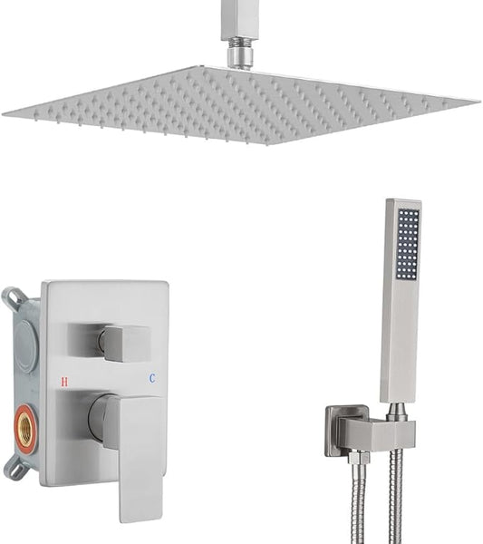 12 Inch Ceiling Mount Brushed Nickel Shower System Bathroom Luxury Rain Mixer Shower Combo Set Ceiling Rainfall Shower Head System (Contain Shower Faucet Rough-in Valve Body and Trim)