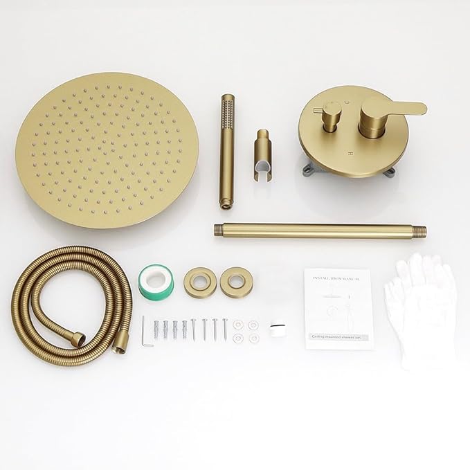Brushed Gold Ceiling Mount Round Rain Shower System with 12 Inch Shower Head and Handheld Bathroom Shower Set Contain Shower Faucet Trim Kit (Mixer Valve Included)
